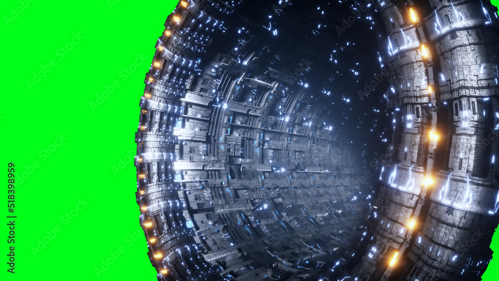 Wall mural space futuristic base with ships traffic. futuristic concept. green screen isolate. 3d rendering.