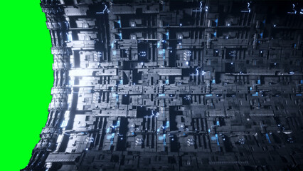 Space futuristic base with ships traffic. Futuristic concept. Green screen isolate. 3d rendering.