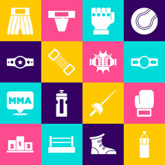 Set Punching bag, Boxing glove, belt, MMA, Chest expander, short and boxing gloves icon. Vector