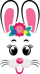 cartoon bunny masks with pink ears and flowers on white isolated background
