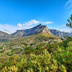 Beautiful view of mountains and houses surrounded by lush green plants against a blue with copy...