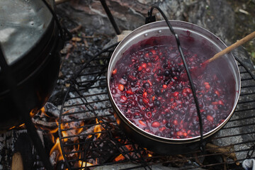 Compote of wild berries on a campfire in the forest