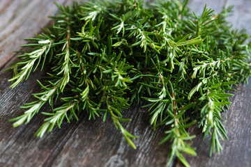 Green rosemary branches on wooden background