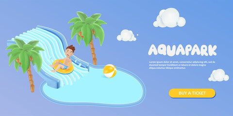 Water slide with a boy riding on inflatable ring. Vector 3d illustration of aqua park, waterpark concept.