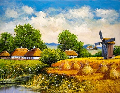 Oil paintings rural landscape, old village in Ukraine, landscape with a pond and a house, garden with a pond, windmill in the field