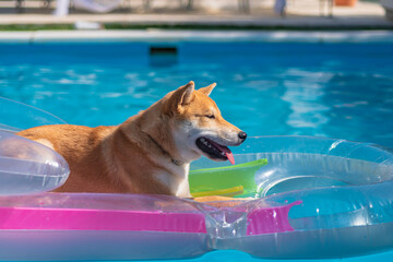 cachorro de perro japones de raza shiba inu, tumbado sobre una colchoneta de aire dentro de una piscina por el calor