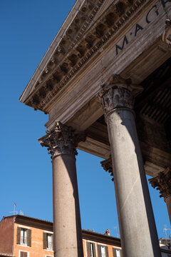 Street view of the column capital detail of Pantheon Rome