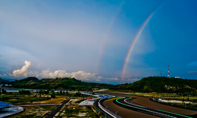 Rainbow at the Mandalika Circuit, Lombok, West Nusa Tenggara, Indonesia. Mandalika circuit is the newest and most beautiful GP racing circuit in the world