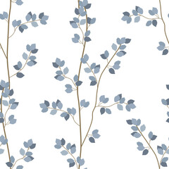 Tree with blue leaves on a white background. Seamless vector pattern.