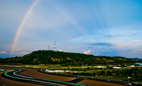 Rainbow at the Mandalika Circuit, Lombok, West Nusa Tenggara, Indonesia. Mandalika circuit is the newest and most beautiful GP racing circuit in the world