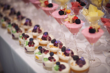 Sweet two-layer souffle with whipped cream and raspberry. Tasty desserts, cakes and pastry on the wedding sweet buffet.