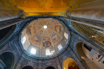 Close up of the interior of the octagonal dome and ceiling of the historic Baroque Church of St....