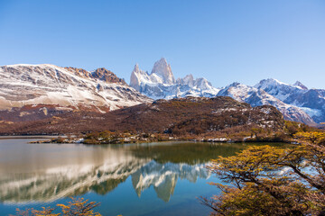 Fototapeta na wymiar A view of the Fitz Roy mountain as seen from Laguna Capri on a hiking trail, outside of the Patagonian town of El Chalten, Argentina.