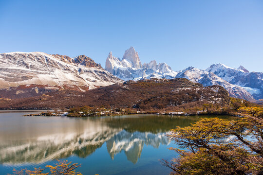 A View Of The Fitz Roy Mountain As Seen From Laguna Capri On A Hiking Trail, Outside Of The Patagonian Town Of El Chalten, Argentina.