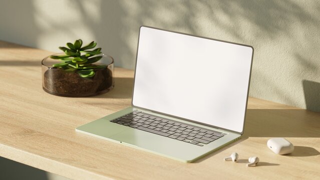 Laptop with blank screen on wood table. Aesthetic workplace.  