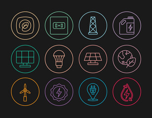 Set line Water energy, Earth globe and leaf, Antenna, LED light bulb, Solar panel, Location with, and Electrical outlet icon. Vector