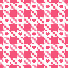 Gingham pattern heart checkered plaids for Valentines day, Easter holiday, tablecloth, dress, fabric textile design. Vichy tartan seamless backgrounds with cute hearts. Vector