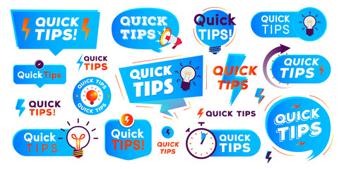 Quick tips label set modern style for tooltip badge, solution and advice banner, helpful tricks, useful information sticker, education tag, hint, new knowledge and study practice. Vector 10 eps
