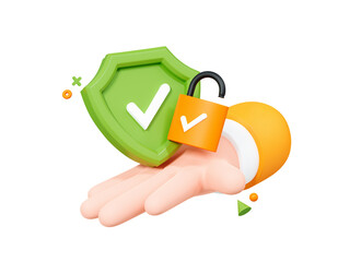 3D Hand holding security shield and padlock. Personal data protection. Secure access concept. Successful verification. Cartoon creative design icon isolated on white background. 3D Rendering