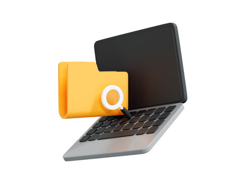 3D Computer laptop with folder and magnifier. Data management concept. Search files and document in archive on computer. Cartoon creative design icon isolated on white background. 3D Rendering