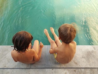 Two young children sitting by the edge of a swimming pool