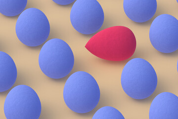 Many egg sponges on beige background. Cosmetic accessories. Beauty and fashion. Makeup tools. 3d render