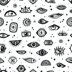 Seamless Pattern with Various Strange Evil and Funny, Comic and Bizarre Eyes. Abstract Doodle Eye Different Shapes in Trendy Psychedelic Weird Cartoon Style. Vector Black and White Background