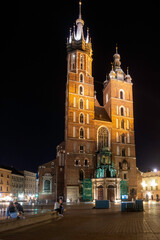 St. Mary's Basilica and Market Square in Krakow by night, Poland.
