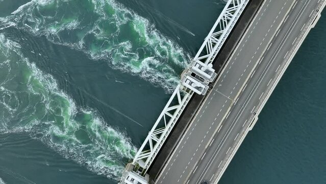 Bird's Eye View of a Storm Surge Barrier Bridge in the Netherlands