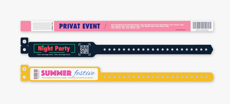 Bracelet vector event access template set colorful style for id fan zone or vip, party entrance, concert backstage identification, security checking, event. Mock up festival bracelet. 10 eps