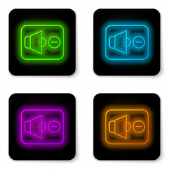 Glowing neon line Speaker mute icon isolated on white background. No sound icon. Volume Off symbol. Black square button. Vector