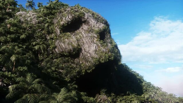 Fantasy island with skull mountain. airy concept. Dynamic trees. Realistic 4k animation.
