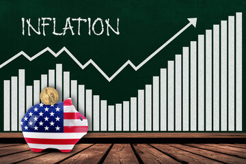 Inflation in United States concept showing bar chart on chalkboard with piggy bank painted in US flag and dollar coin. Illustration of rising inflation causing more savings and less spending.