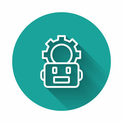 White line Robot setting icon isolated with long shadow background. Artificial intelligence, machine learning, cloud computing. Green circle button. Vector