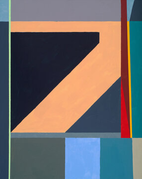 An abstract painting; rectangular and triangular blocks of color.
