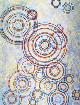 An abstract painting; brightly colored ink concentric rings.