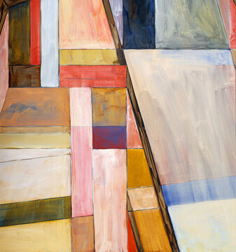 An abstract painting with linear and geometric elements.