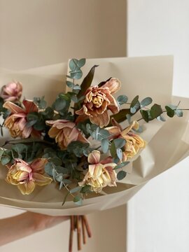 Bouquet of brown double tulips and fresh eucalyptus
