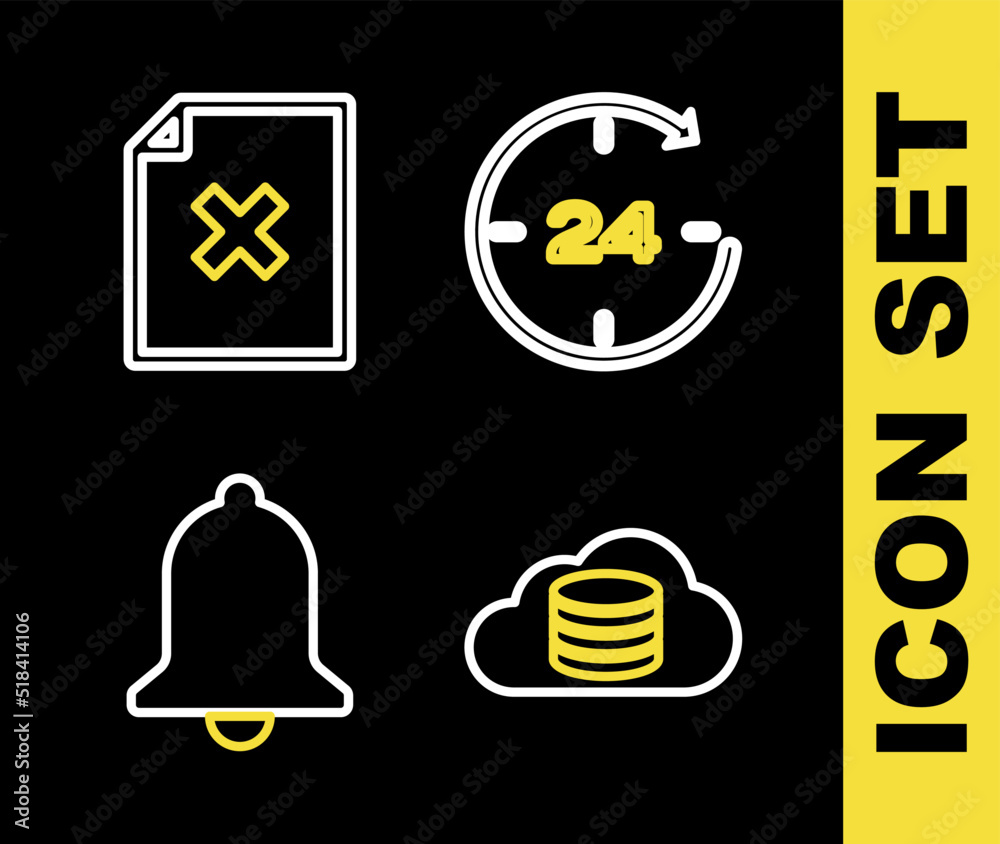 Poster set line clock 24 hours, cloud database, ringing bell and delete file document icon. vector