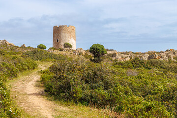 Fototapeta na wymiar Watchtower Torre di Porto Scudo, island of Sardinia