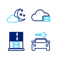 Set line Car rental, Mail server, Cloud mail and with moon and stars icon. Vector