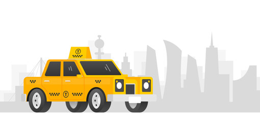 Taxi car isolated on city background. Taxi service. Vector illustration.