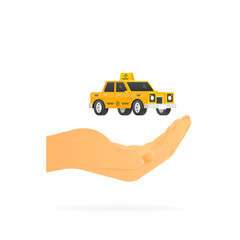 Hand holding taxi car sign. Order taxi. Vector illustration.