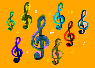 Large treble clefs and small music notes