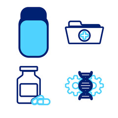 Set line Gene editing, Medicine bottle and pills, Health record folder and Medical vial, ampoule icon. Vector