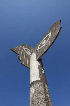 Kristinehamn, Sweden - July 19, 2022: Close-up view of the Picasso sculpture a female head representing Pablo Picasso's wife Jacqueline, is a 15 m tall sculpture erected in 1965 at Lake V&auml;nern. 