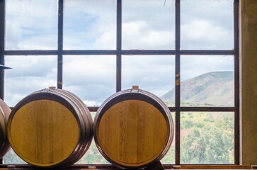 Barricas en bodegas de Santo Tomás en el Valle de Guadalupe, Ensenada, Baja California,...