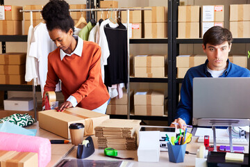 Delivery man using laptop near lady packing parcel