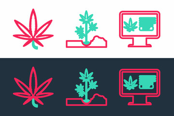 Fototapeta na wymiar Set line Online buying marijuana, Marijuana or cannabis leaf and Planting icon. Vector