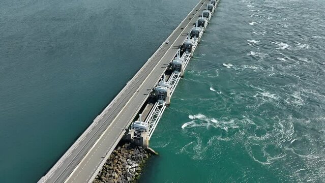 Sea Water Rushing Through a Storm Surge Barrier